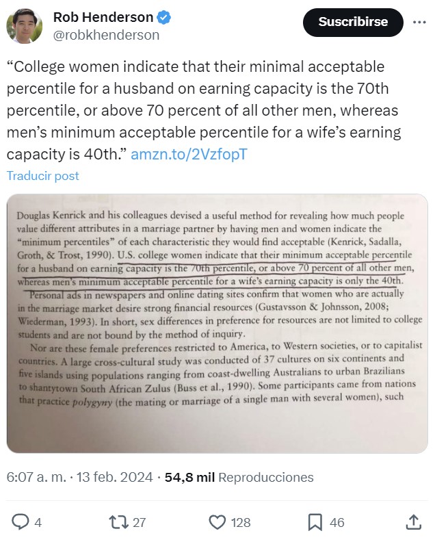 "Las mujeres universitarias indican que su percentil mínimo aceptable para un marido en cuanto a capacidad de ingresos es el percentil 70, o más del 70 por ciento de todos los demás hombres, mientras que el percentil mínimo aceptable de los hombres para la capacidad de ingresos de una esposa es el 40".