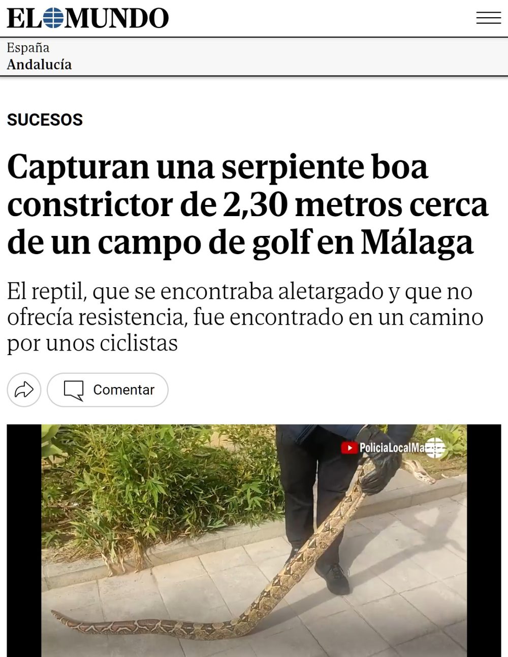 Capturan una boa constrictor de 2,3 metros en un campo de golf de Málaga