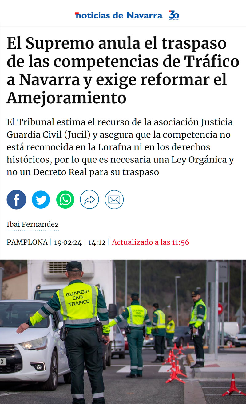 El TS anula el traspaso de tráfico de la Guardia Civil a Navarra