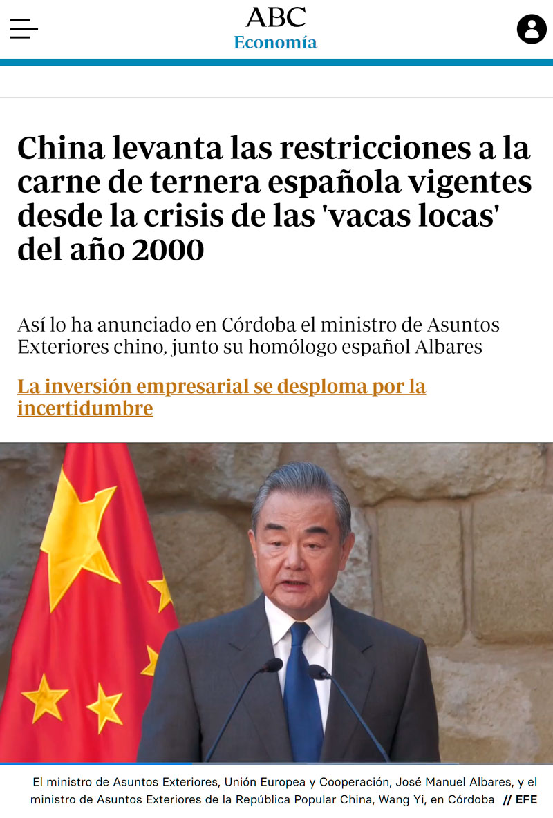 China levanta las restricciones a la carne de ternera española que había desde la crisis de las vacas locas (año 2000)