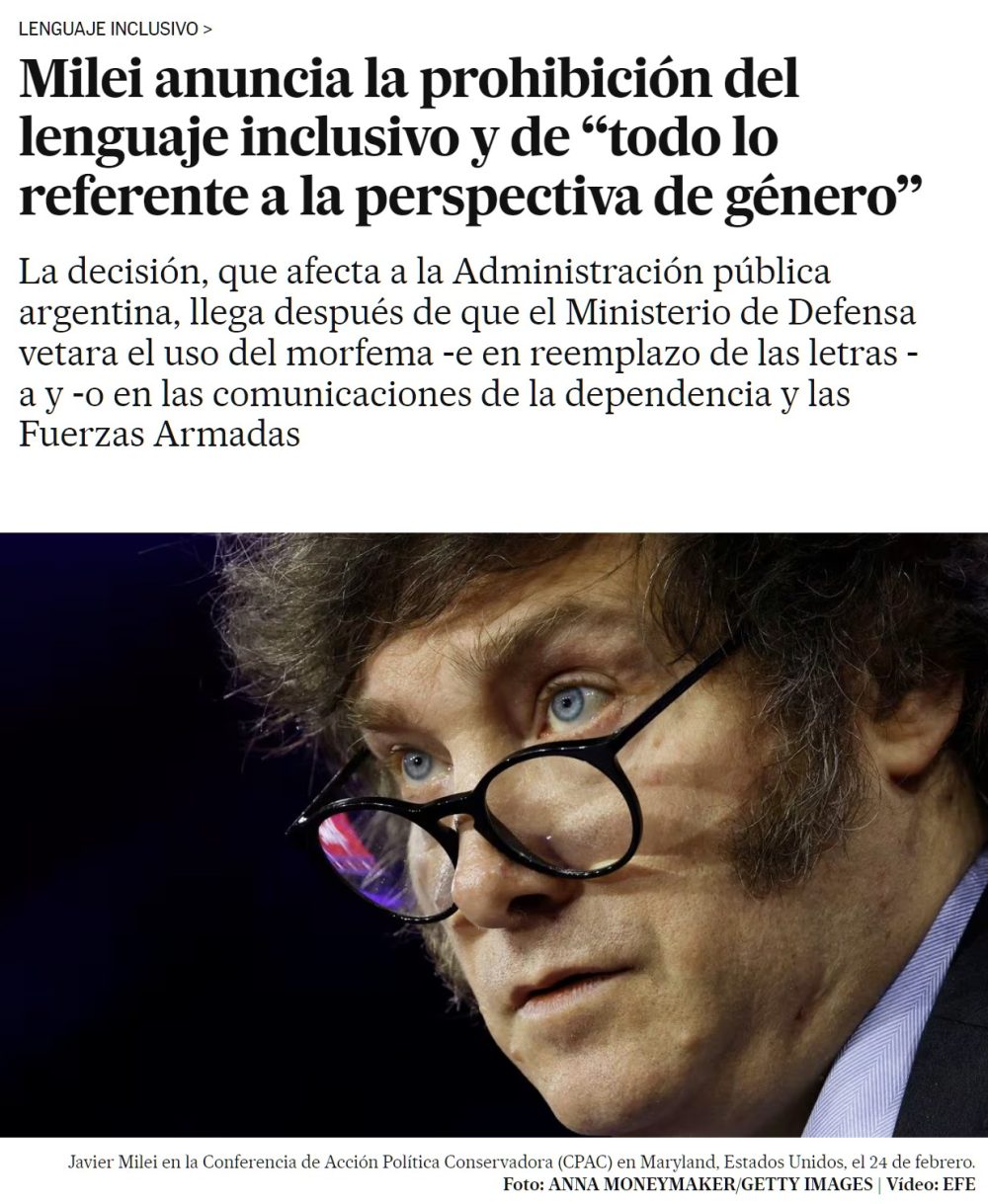 Milei anuncia que prohibirá "todo lo referente a la perspectiva de género".