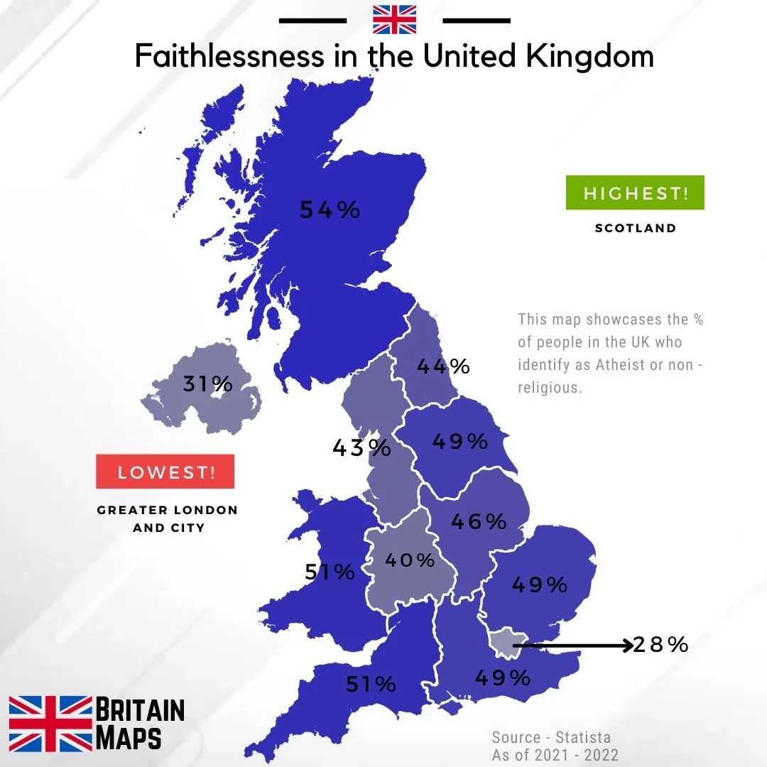 % de gente que se identifica como atea o no religiosa en Reino Unido