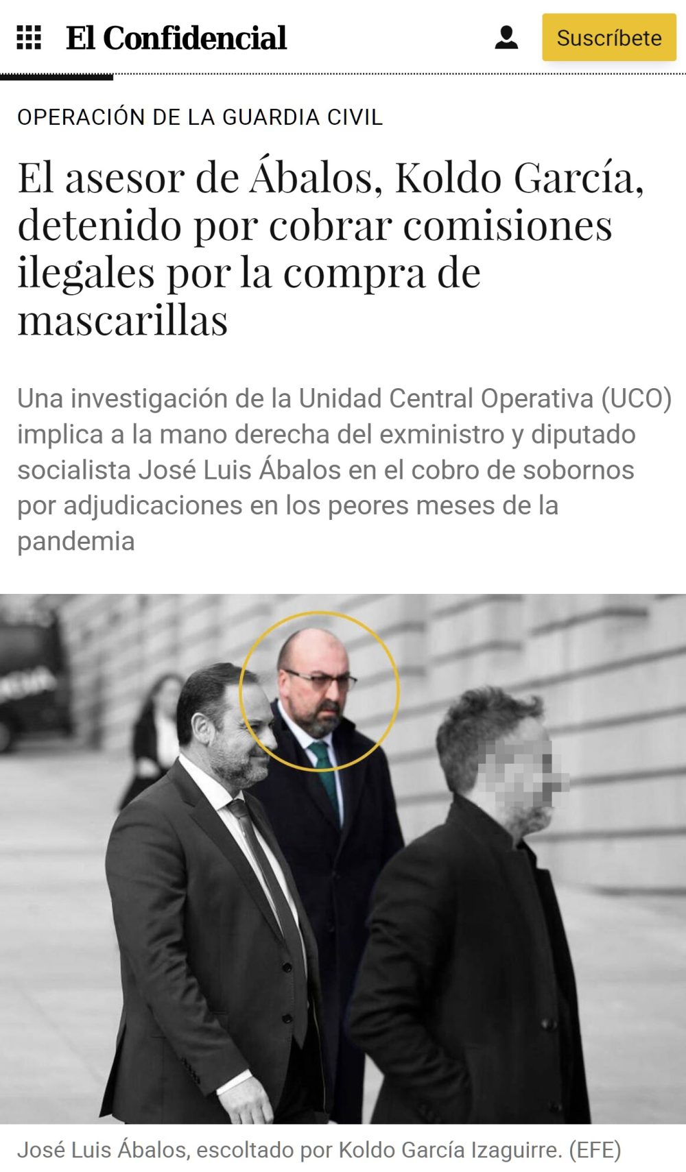 Detienen a Koldo García, mano derecha de Ábalos, por el cobro de comisiones ilegales en la compra de mascarillas durante la pandemia.