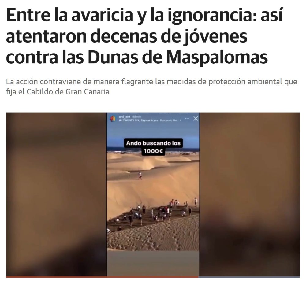 Un influencer anuncia que ha enterrado 1000 euros en las dunas de Maspalomas y se desata el caos