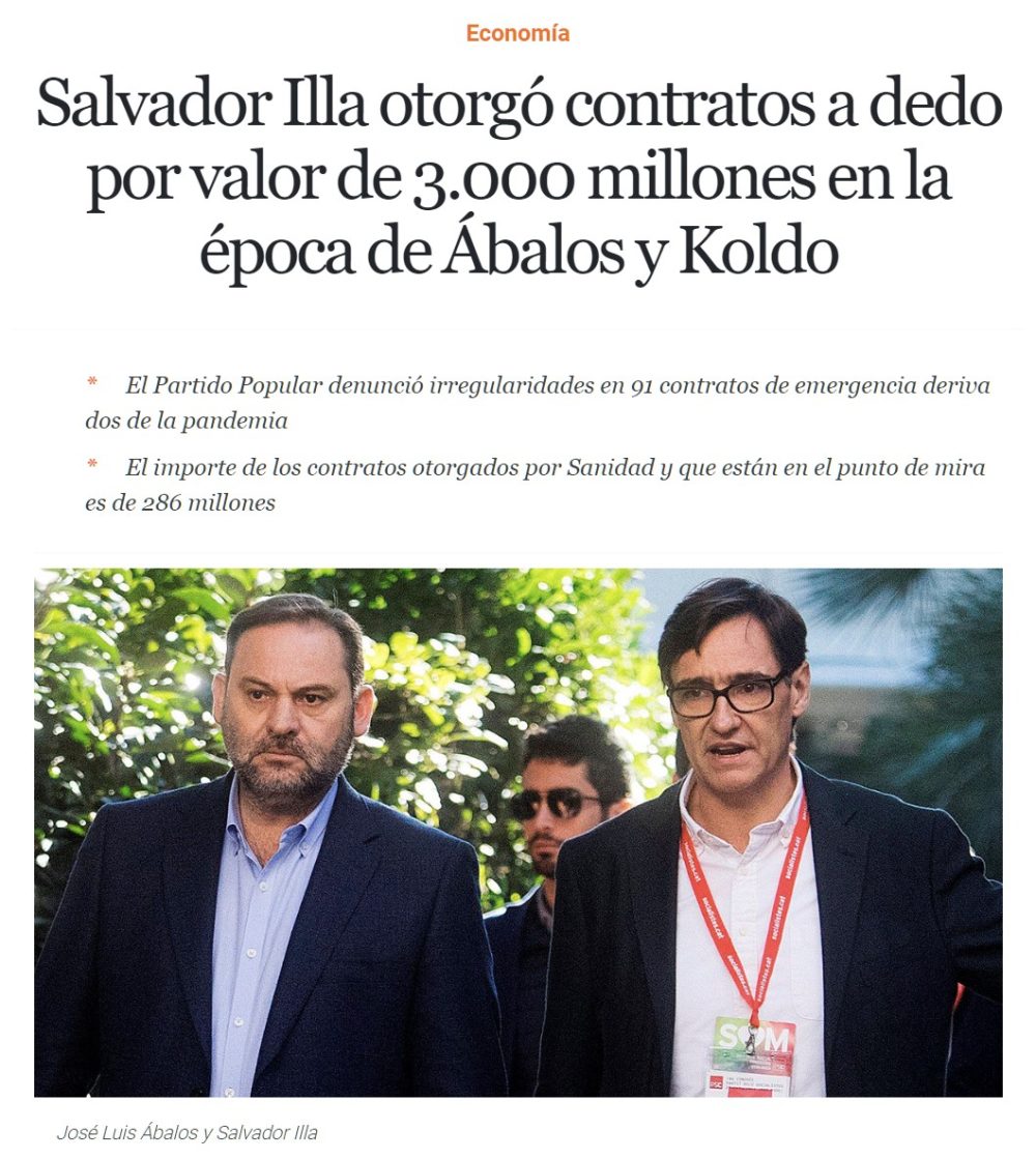 Salvador Illa otorgó contratos a dedo por valor de 3.000 millones en la época de Ábalos y Koldo.