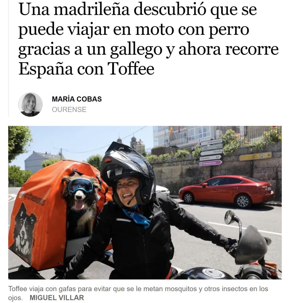 Una motera de Madrid está recorriendo la Ribeira Sacra y la Costa da Morte acompañada de su perro.