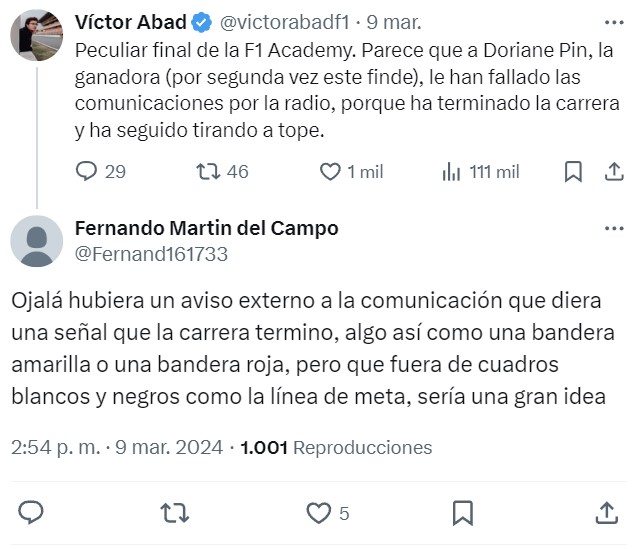 Ayer, en la carrera de la fórmula femenina (F1Academy) la ganadora no se enteró de que la carrera había terminado, y siguió tirando a tope una vuelta más.