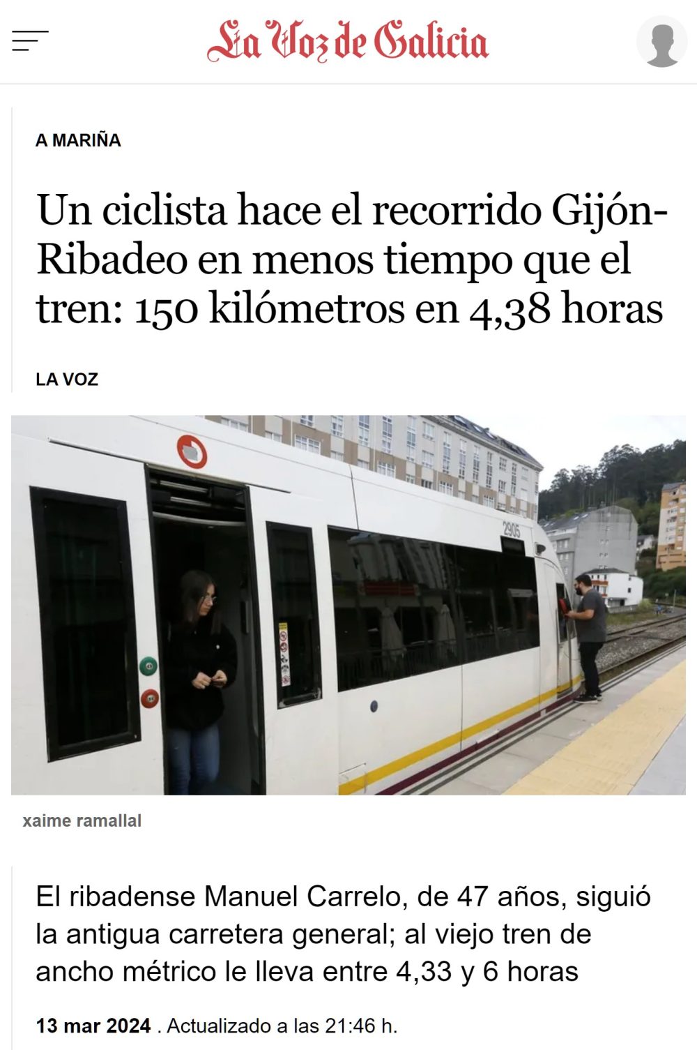Un ciclista recorre el recorrido Gijón-Ribadeo en menos tiempo que el tren.