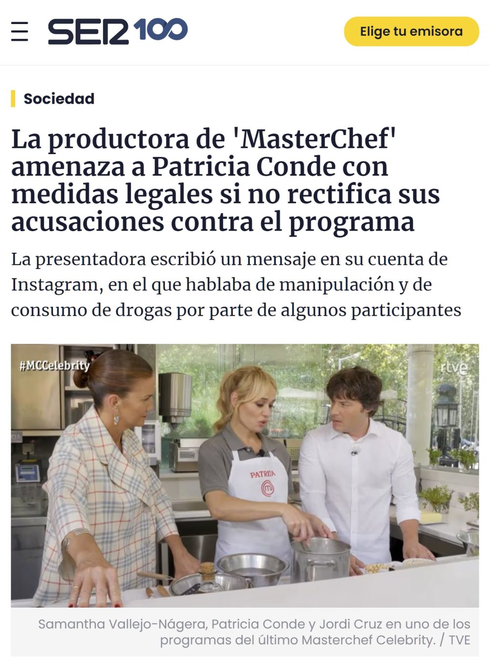 La productora de 'Master Chef' amenaza con denunciar a Patricia Conde.