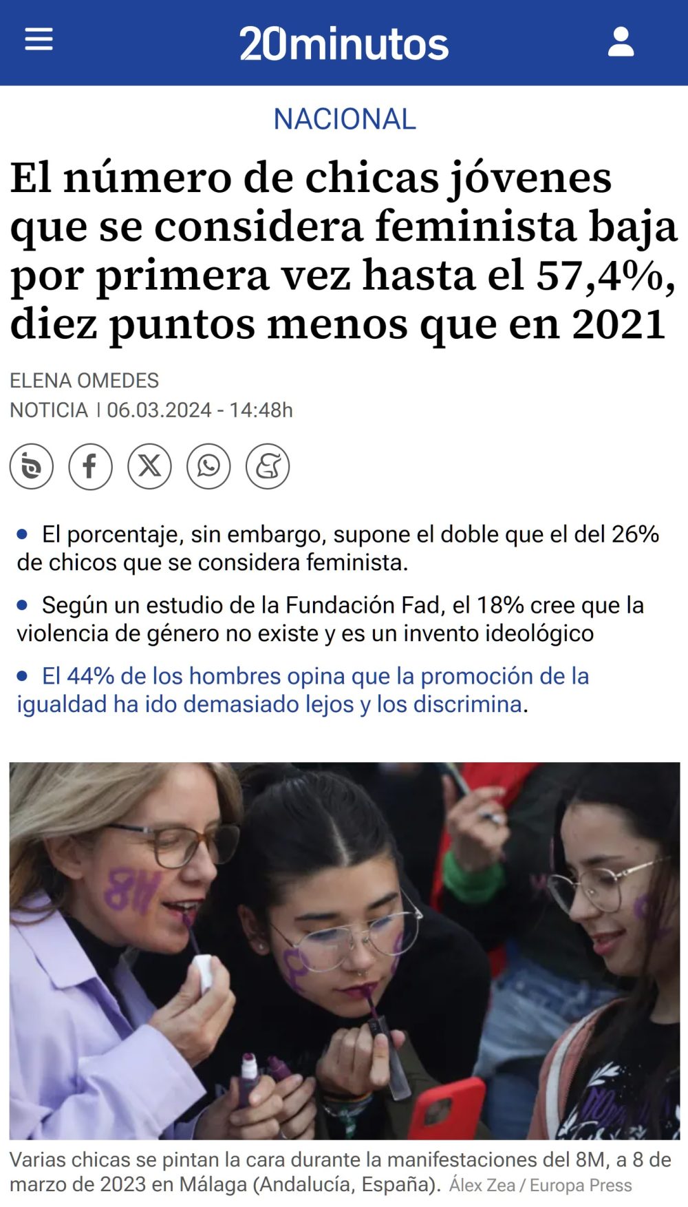 El nÃºmero de chicas jÃ³venes que se consideran feministas baja 10 puntos desde 2021