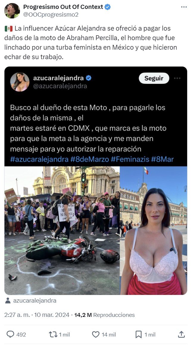 Una influencer mexicana se ofrece a pagarle la moto al chaval al que acorralaron en una marcha feminista.