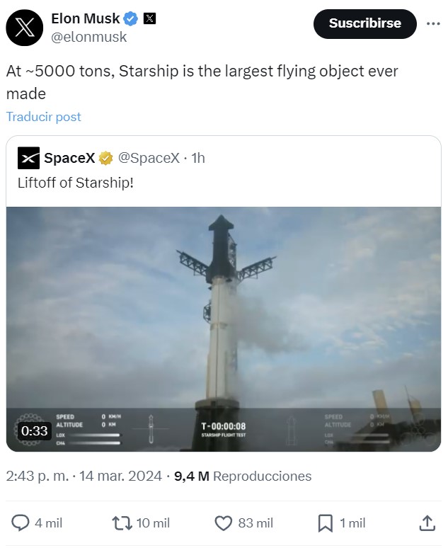 Con aproximadamente 5000 toneladas, Starship se convierte en el objeto volador más pesado jamás creado