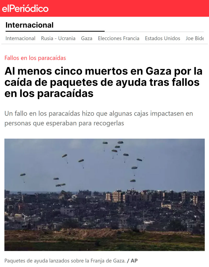 Lanzan paquetes humanitarios sobre Gaza y... aplastan a 5 personas.
