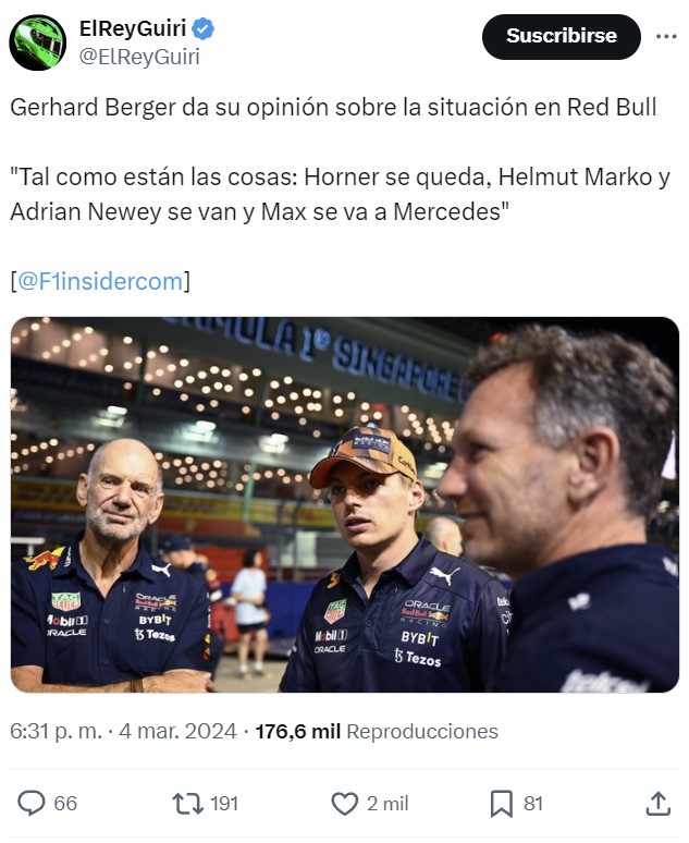 Gerhard Berger: "Tal como están las cosas: Horner se queda, Helmut Marko y Adrian Newey se van y Max se va a Mercedes"