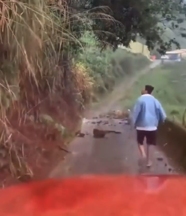 Conductor se baja para retirar una pequeña piedra que cayó en la carretera, y...