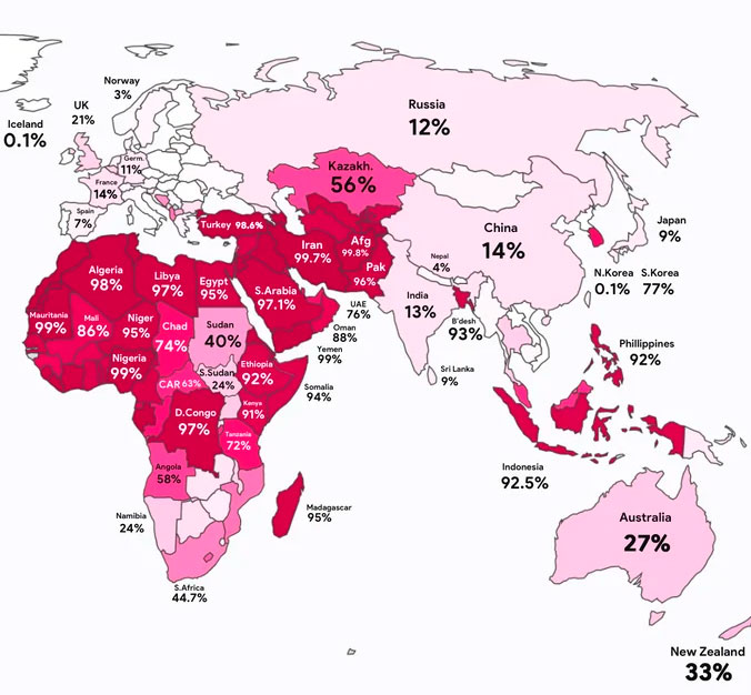 Porcentaje de hombres circuncidados en cada país del mundo