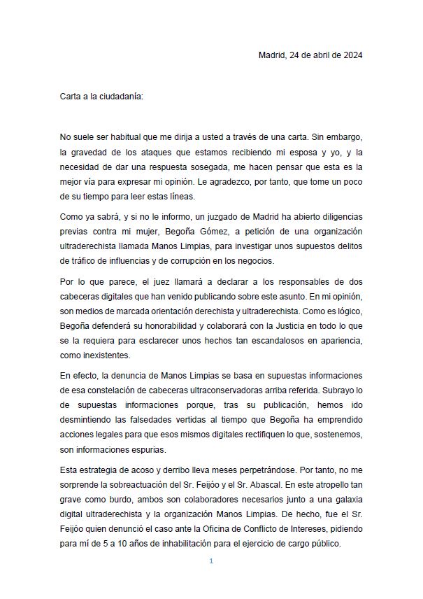 Pedro Sánchez publica una "carta abierta a la ciudadanía" y deja caer su posible dimisión después de que se conozca que su mujer está siendo investigada por tráfico de influencias.