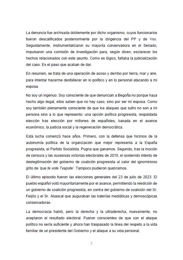 Pedro Sánchez publica una "carta abierta a la ciudadanía" y deja caer su posible dimisión después de que se conozca que su mujer está siendo investigada por tráfico de influencias.