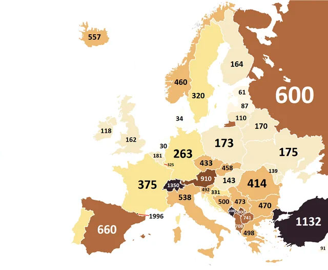 Tasa de suіcіdіo en Europa por cada 100.000 habitantes.