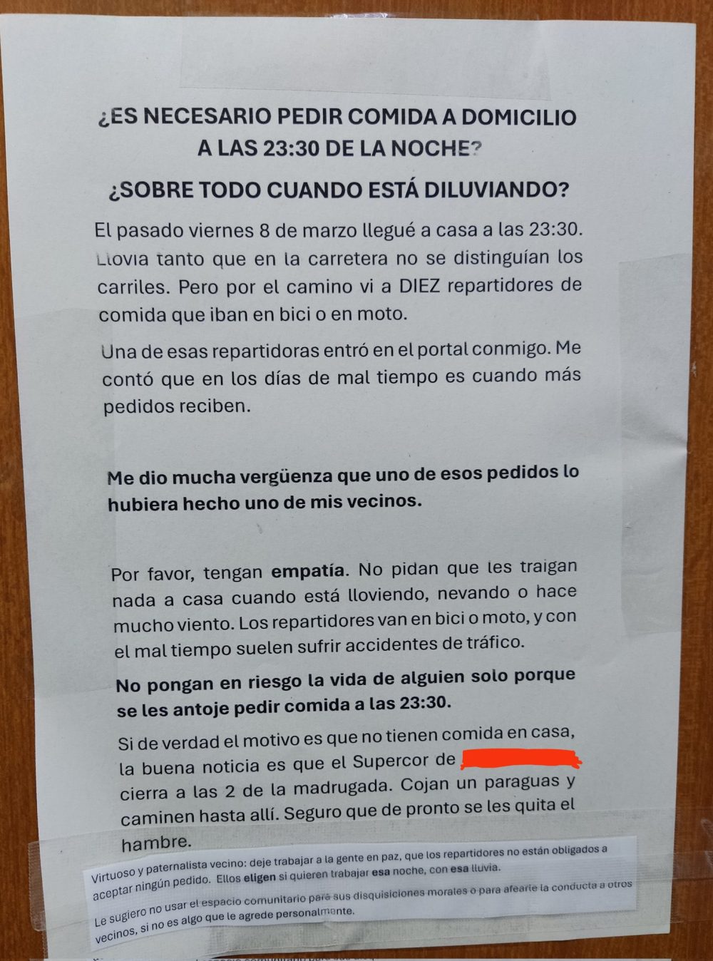 Vecinos colegas que te dan lecciones de moral: "¿Es necesario pedir comida a domicilio de cuando está lloviendo?"