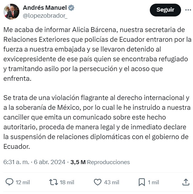 La policía de Ecuador asalta la embajada mexicana en Quito para capturar al exvicepresidente.