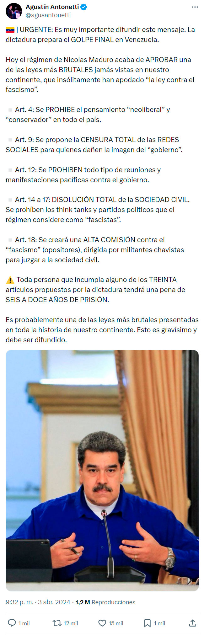 Nicolás Maduro aprueba una ley infernal en contra de cualquier tipo de disidencia.