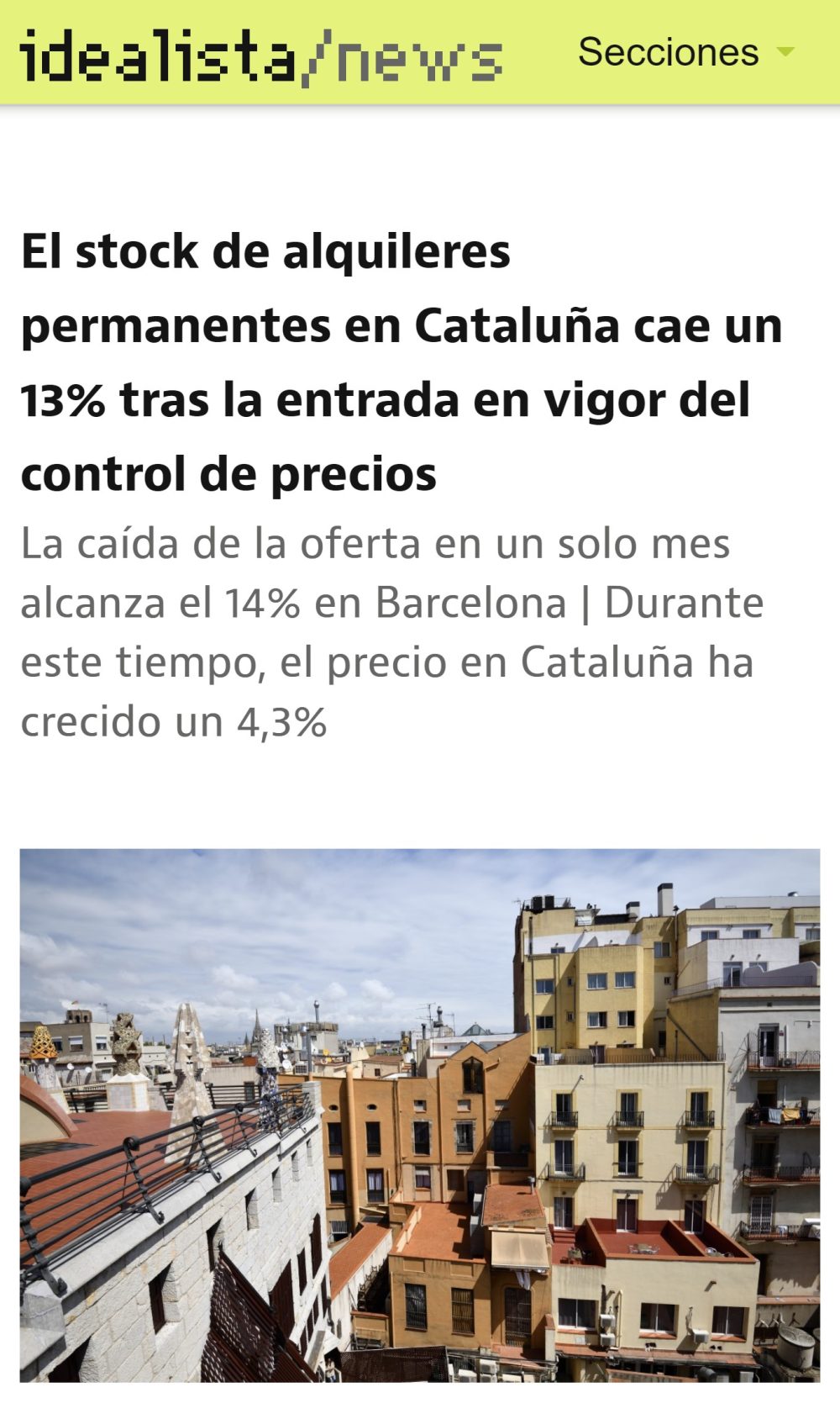 El stock de alquileres permanente en Cataluña desciende un 13% tras la entrada en vigor del control de precios.