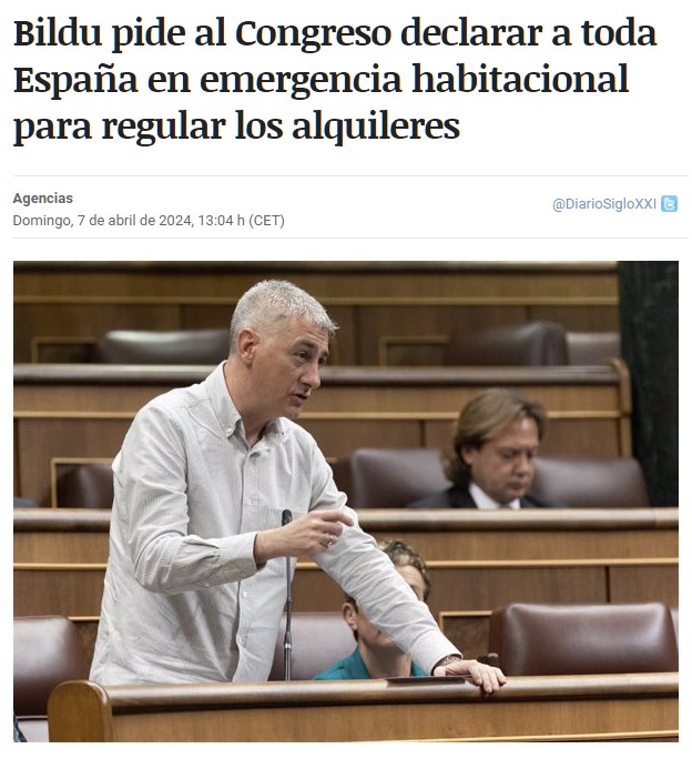 Bildu pide al congreso declarar toda España en emergencia habitacional para regular los alquileres