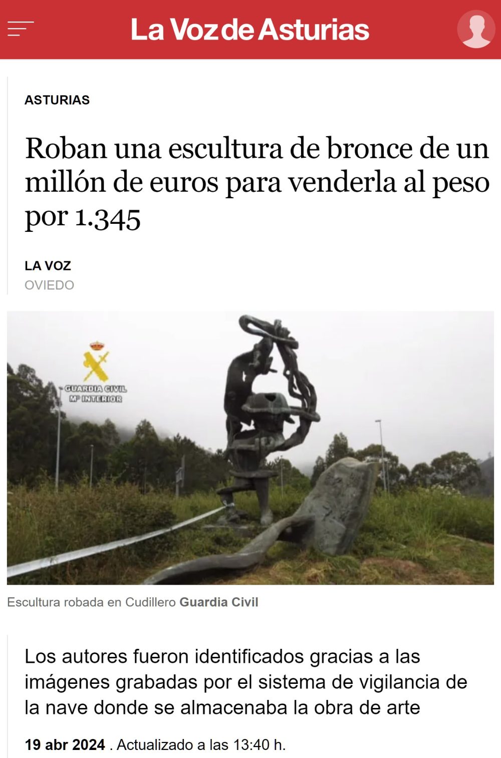 Roban una escultura de 1 millón de euros para venderla al peso por 1345.