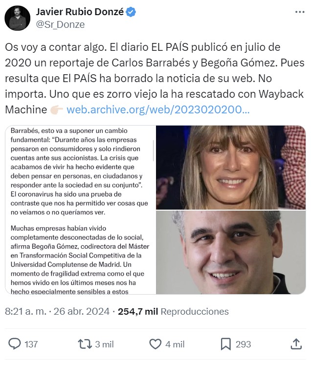 El diario El País ha borrado un reportaje que relacionaba a Carlos Barrabés y Begoña Gómez.
