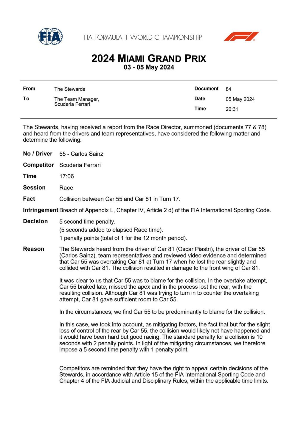 Finalmente han sancionado a Carlos Sainz por su adelantamiento a Piastri.