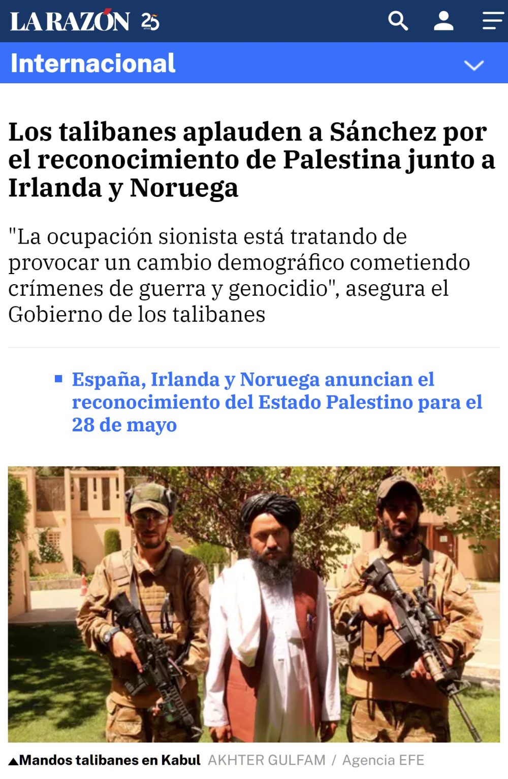 Los talibanes agradecen a Pedro Sánchez el reconocimiento del estado de Palestina.