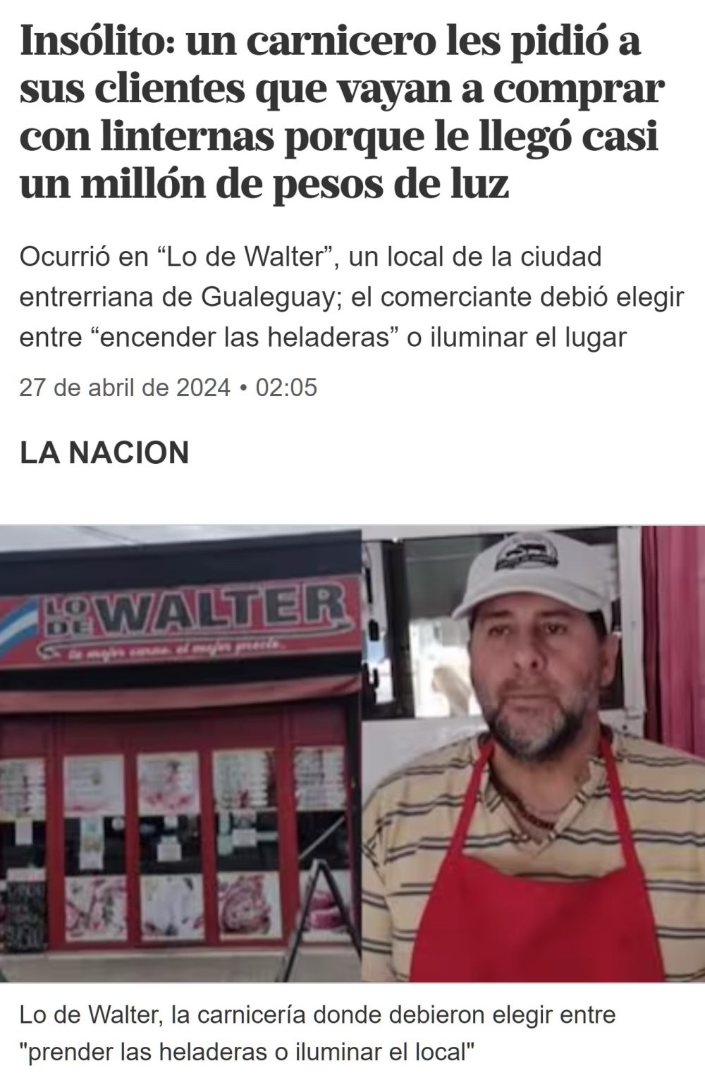 Carnicero argentino recibe una factura de la luz de casi 1 millón de pesos y pide a sus clientes que vayan con linternas.