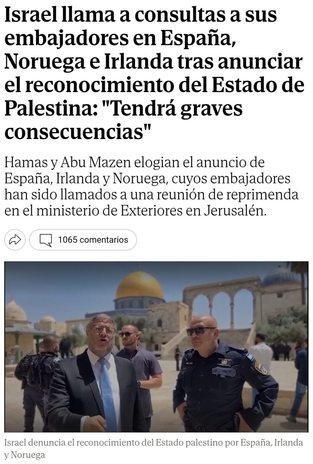 Israel retira a sus embajadores de España, Noruega e Irlanda tras anunciar que reconocerán el estado de Palestina.