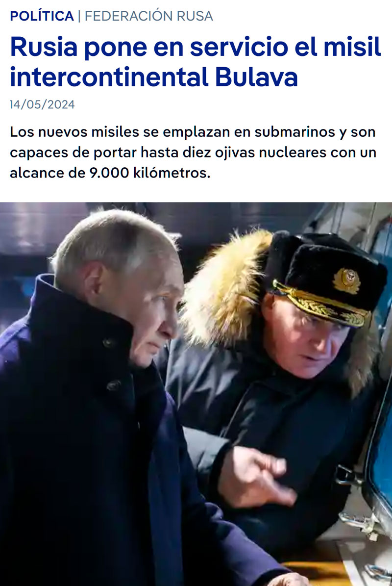 Rusia estrena misilote intercontinental capaz de portar 10 ojivas nucelares.