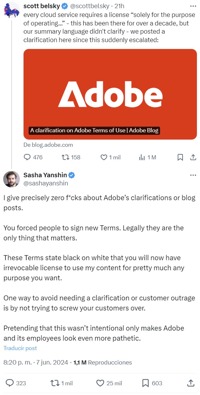 Un profesional cancela su licencia de Adobe después de leer los nuevos términos y condiciones, según los cuales cede a Adobe el uso de todo su trabajo.