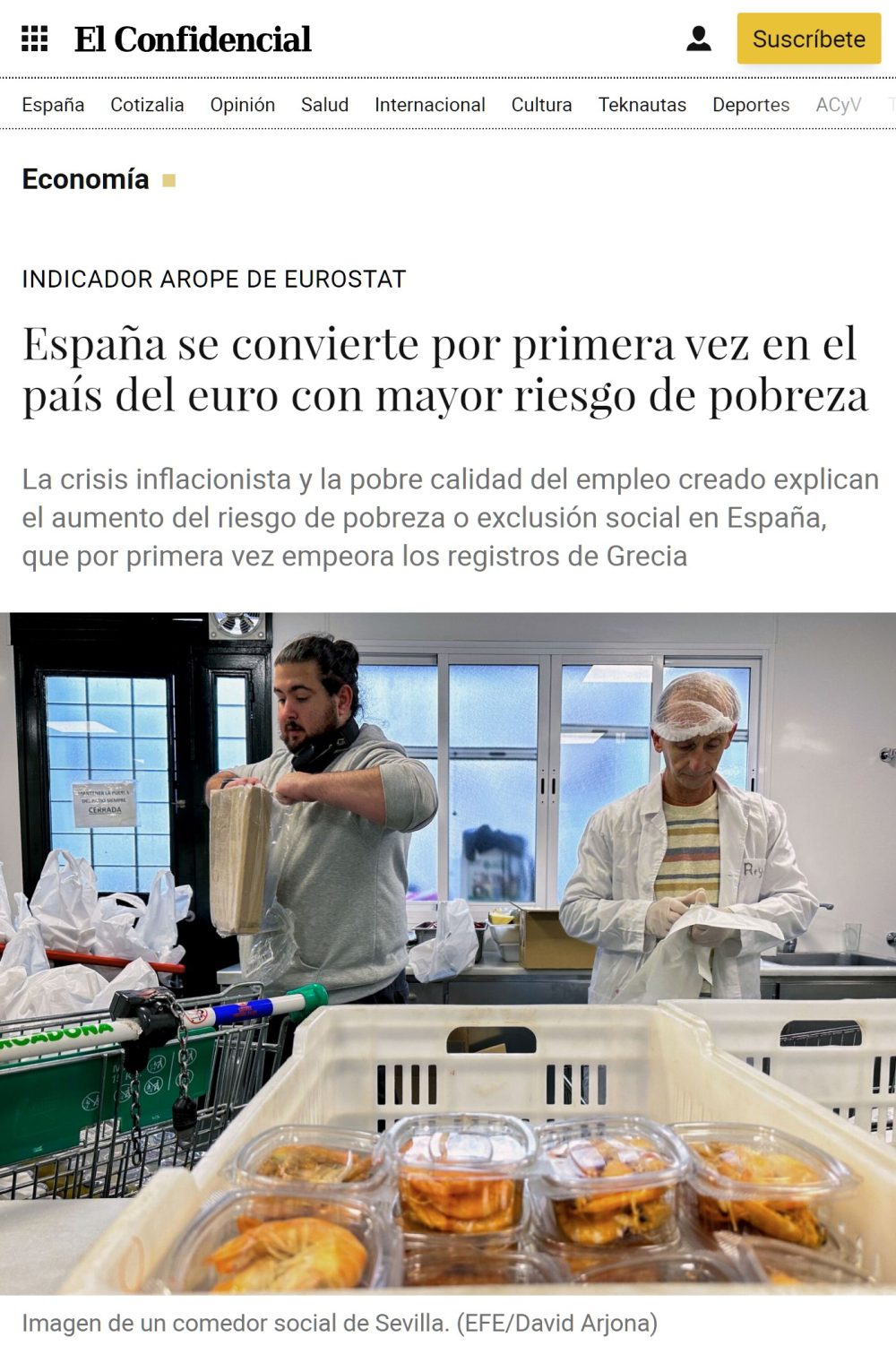 España se convierte por primera vez en el país del euro con mayor riesgo de pobreza.