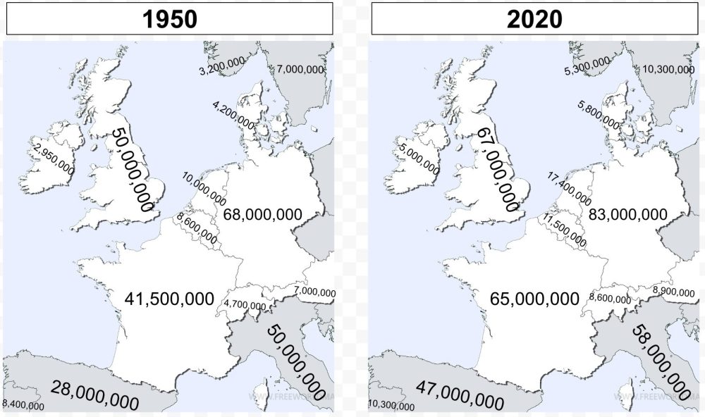 Población en los países de Europa Occidental entre 1950 y 2020.