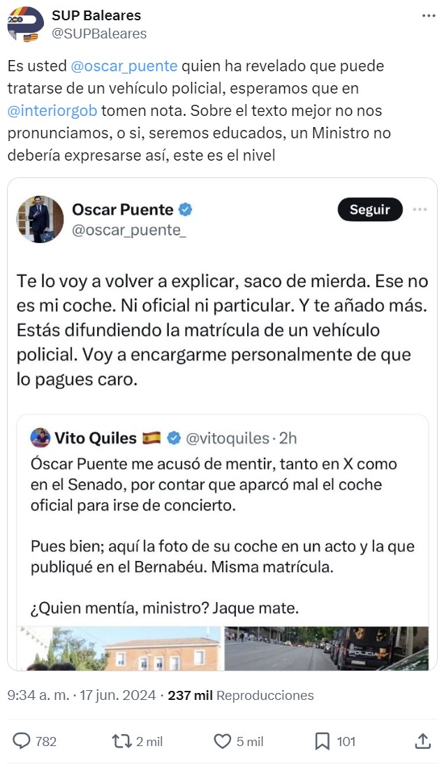 El Sindicato Mayoritario de la Policía Nacional de Baleares entra al trapo con Óscar Puente en Twitter.