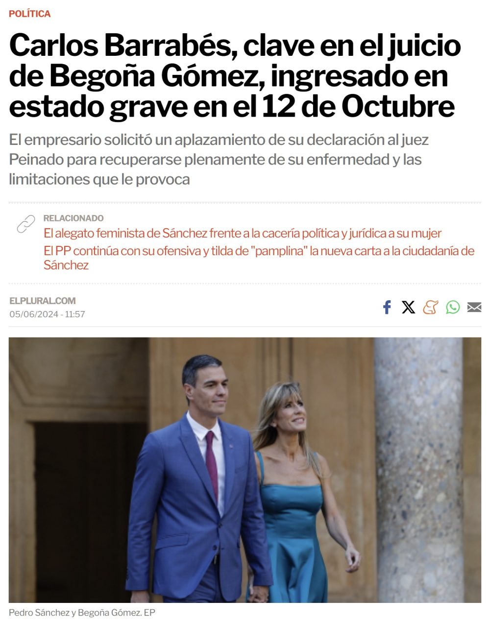 Carlos Barrabés, clave en el juicio de Begoña Gómez, ingresado en estado grave.