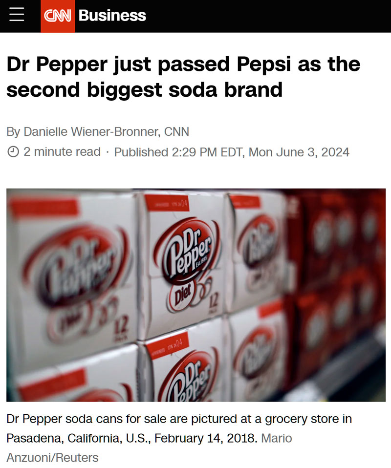 Dr. Pepper acaba de superar a Pepsi como 2º refresco más vendido en EEUU.
