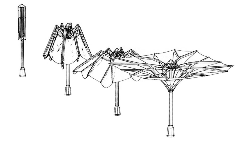 Sombrillas gigantes automáticas de Medina (Al-Masjid an-Nabawi) para que la gente pueda protegerse del sol.