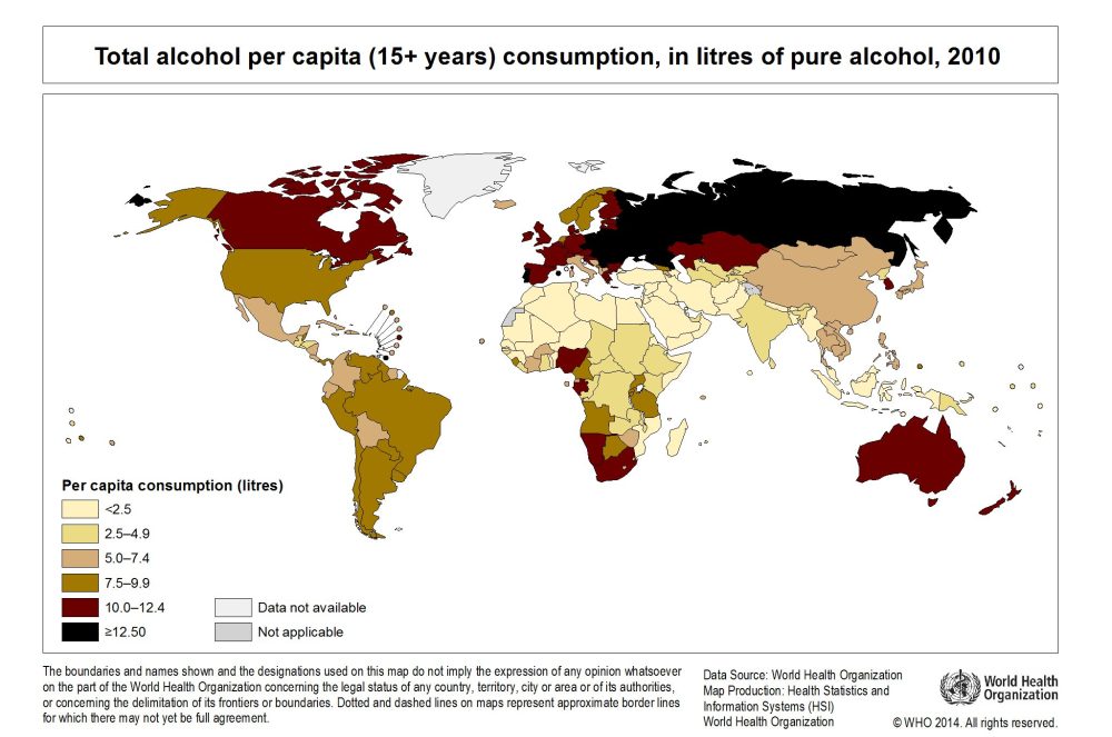 Consumo de alcohol per cápita (mayores de 15 años) en litros de puro alcohol (año 2010)