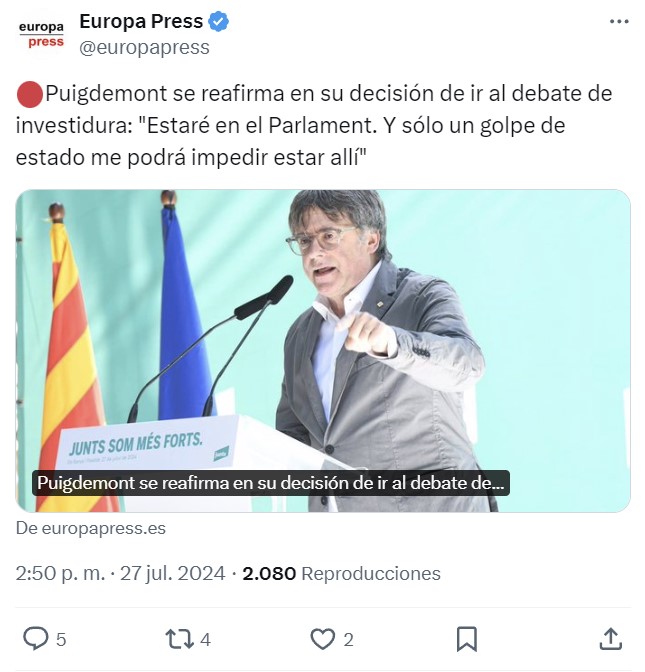 Puigdemont pide ayuda a Pdro Snchz para que no lo detengan al entrar en España.
