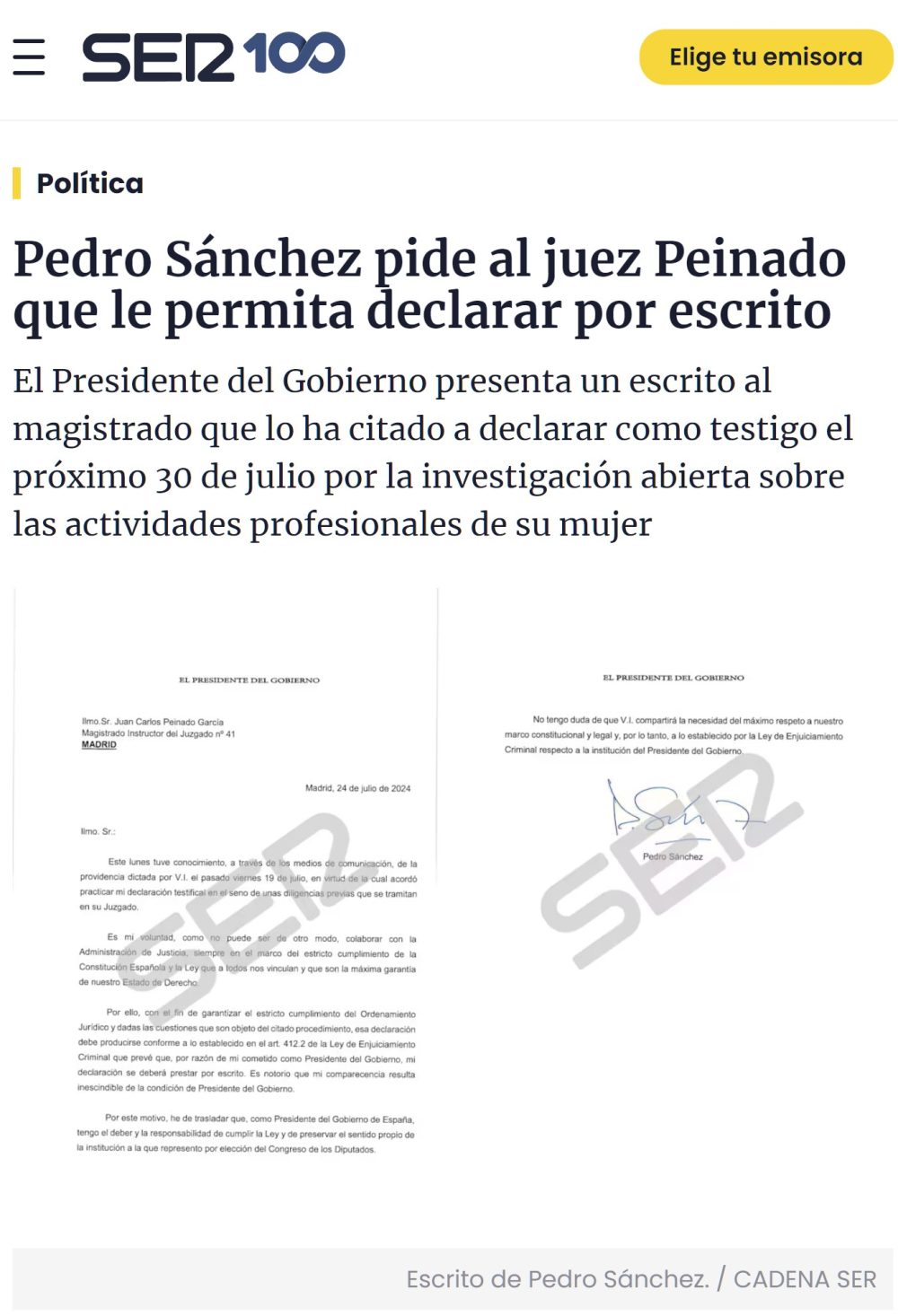 Pedro Sánchez dice que declarará por escrito porque, según Marlaska: "es presidente las 24 horas del día y no puede dejar de serlo".