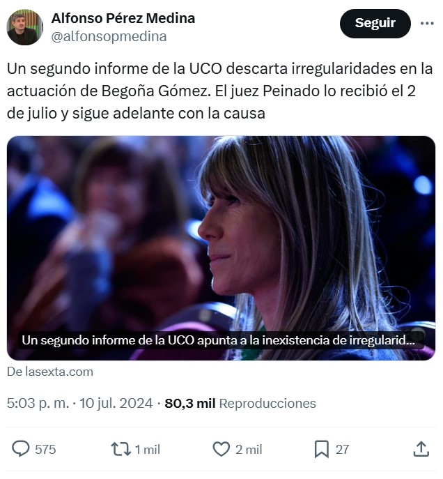 La UCO saca un 2º informe para intentar salvar a Begoña Gómez. Yo creo que deberían sacar un 3º informe, que a la tercera va la vencida.