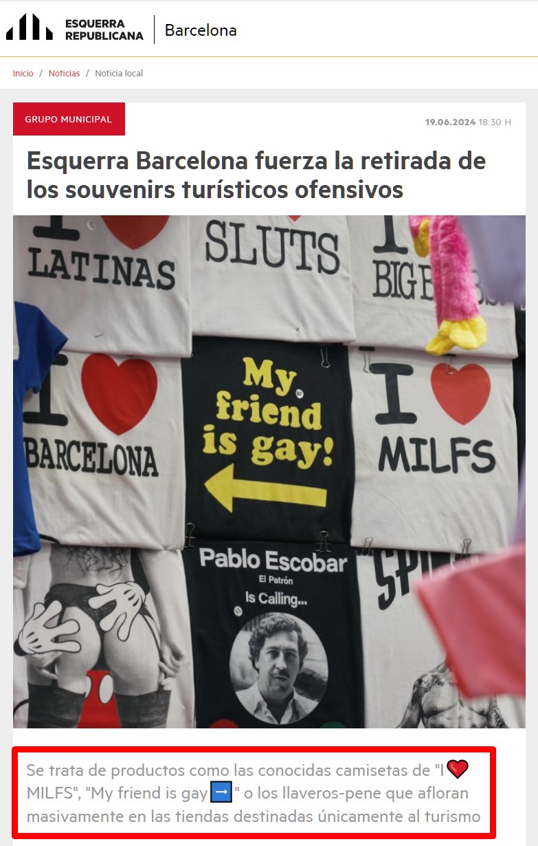 Esquerra Barcelona fuerza la retirada de souvenirs ofensivos en las tiendas de Barcelona.