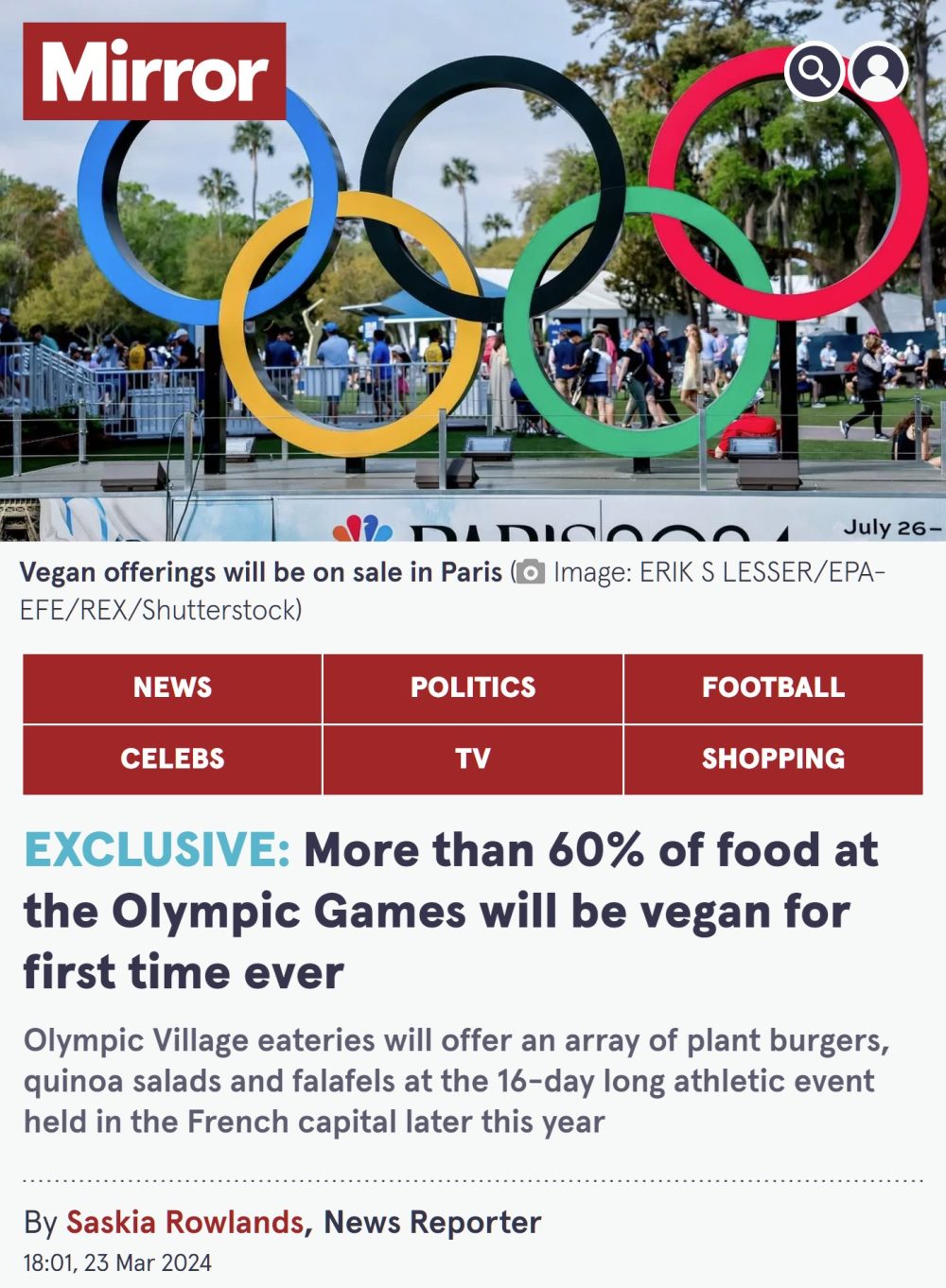 Más del 60% de la comida de los Juegos Olímpicos de París será VEGANA.