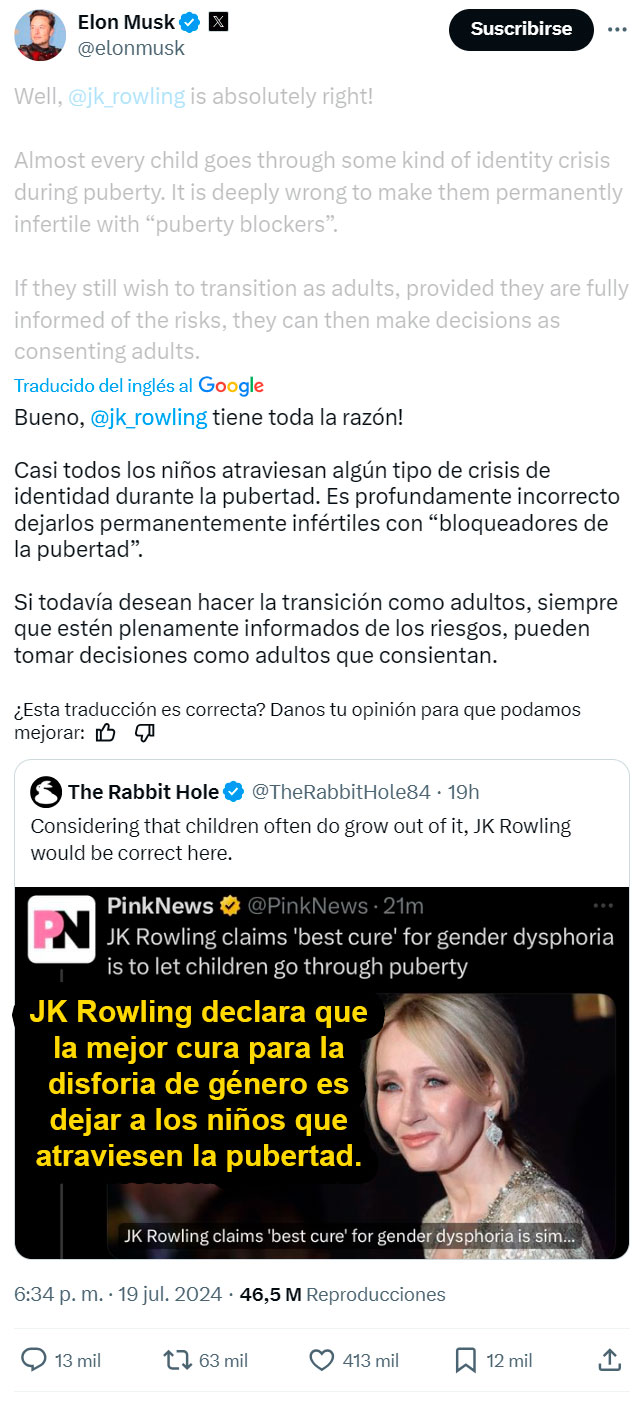 JK Rowling: "La mejor cura para la disforia de género es dejar a los niños que atraviesen la pubertad".