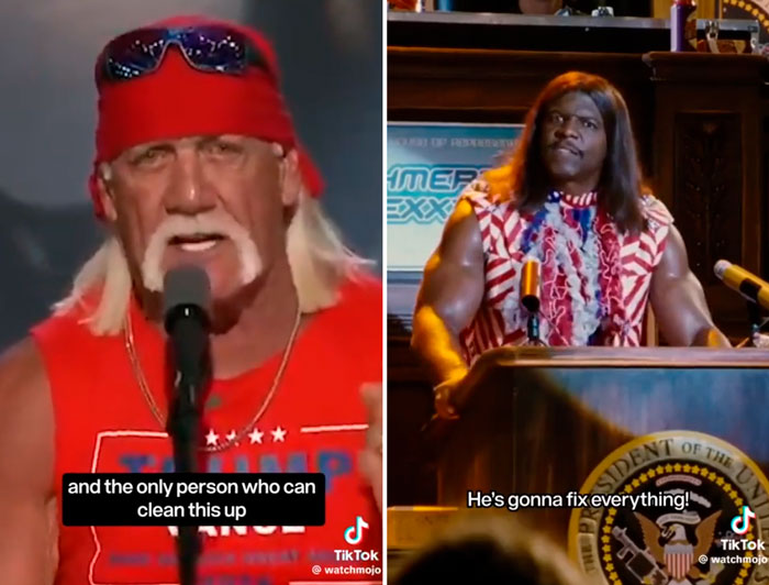 Hulk Hogan defendiendo la candidatura de Trump vs el speech del Presidente Camacho en Idiocracia.
